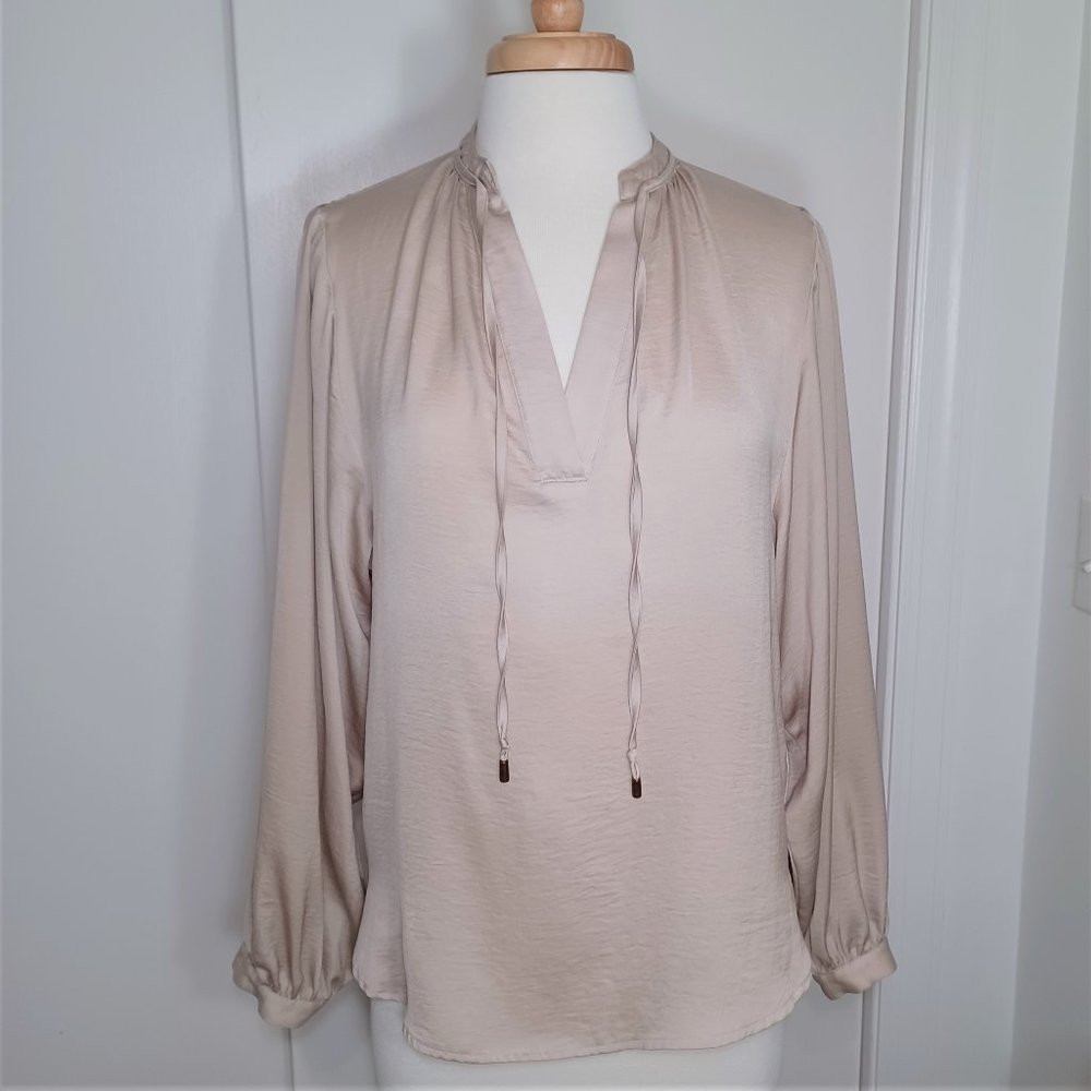 H&M silky beige taupe v neck poet blouse size S